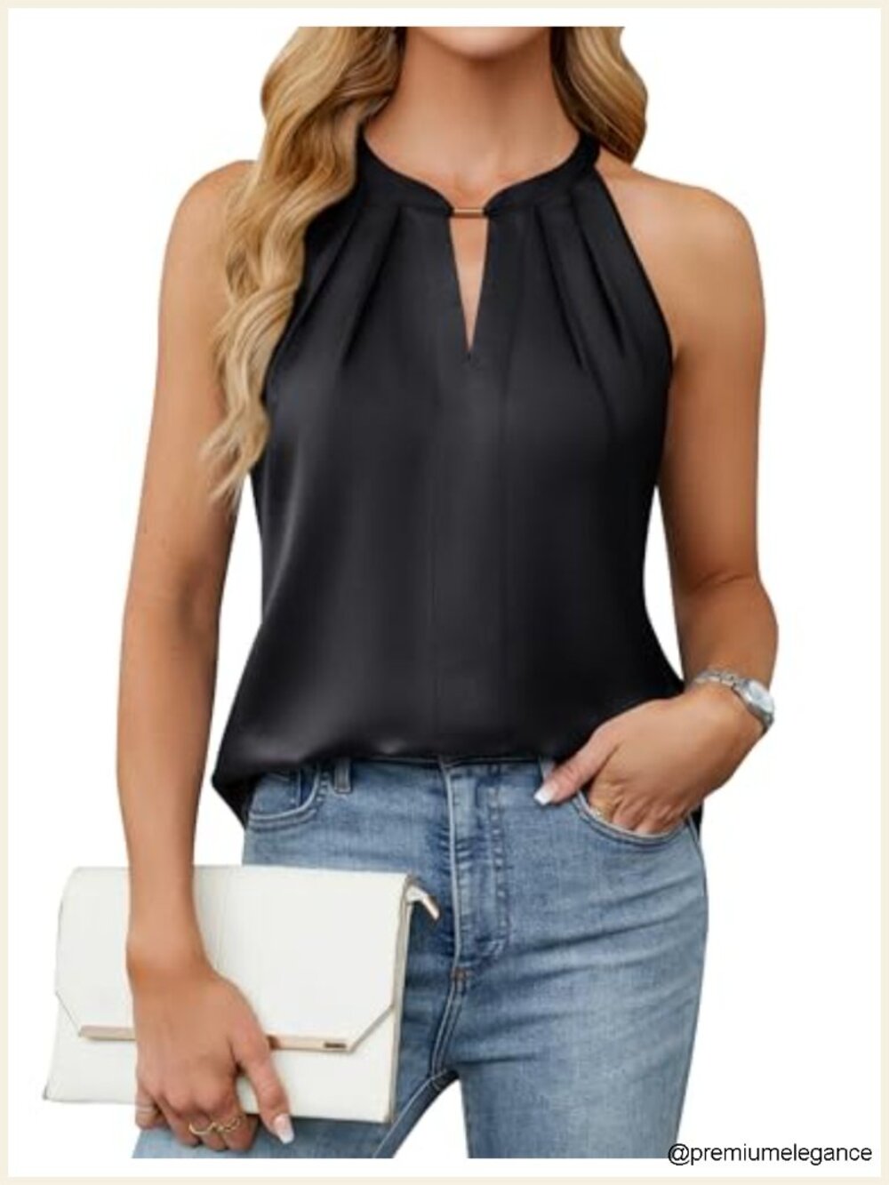 Satin Halter Tank Top Women's Dressy Casual Keyhole Pleated Blouse